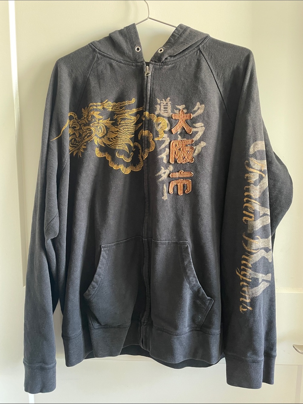 Lucky Brand Black Zip-Up Hoodie with Gold Dragon Embroidery